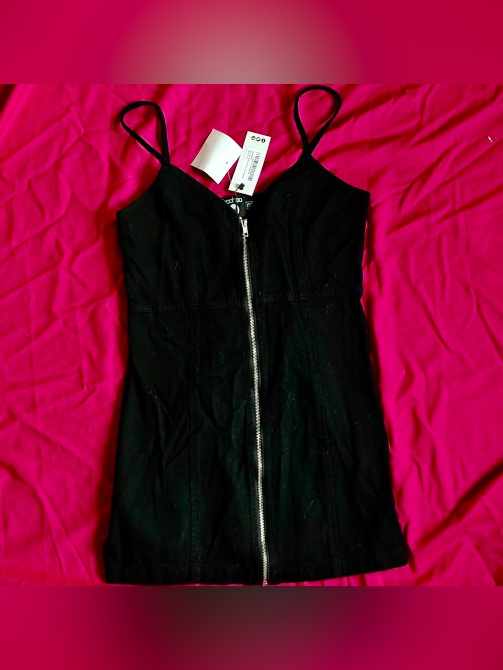 Black Zip-Front Mini Jean Dress with Spaghetti Straps boohoo goth alt style